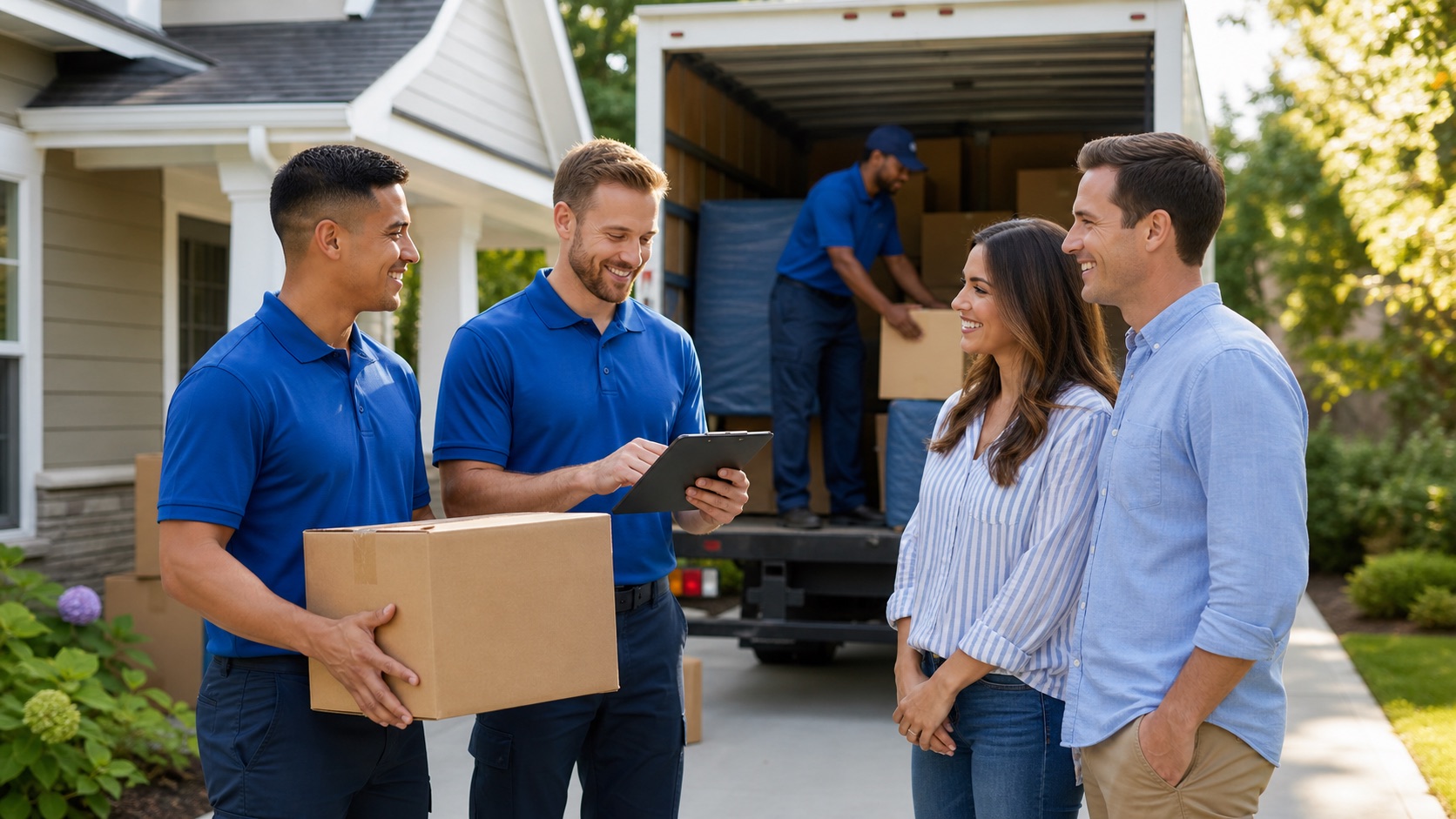 Happy moving crew with customer